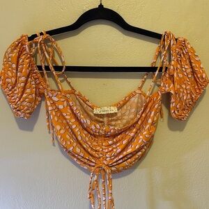 Orange Puff Sleeve Ruched Tie Front Blouse